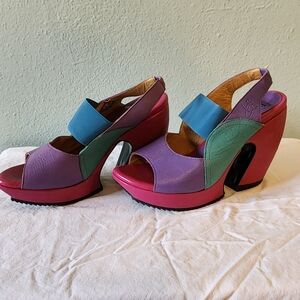 John Fleuvog, Prepare Hi Spur with lilac, fuschia and aqua, size 6.5